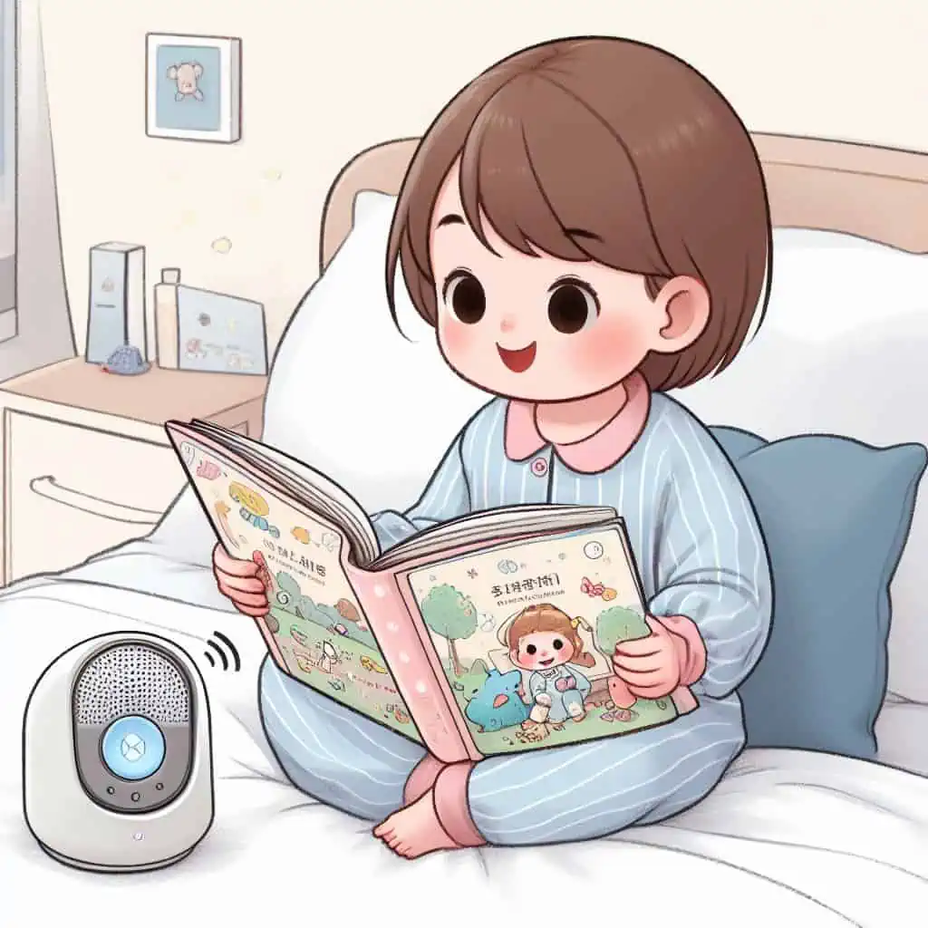 孩子躺在床上，手中拿著一本圖畫豐富的英語故事書，旁邊有一隻小型喇叭正在播放故事音頻。