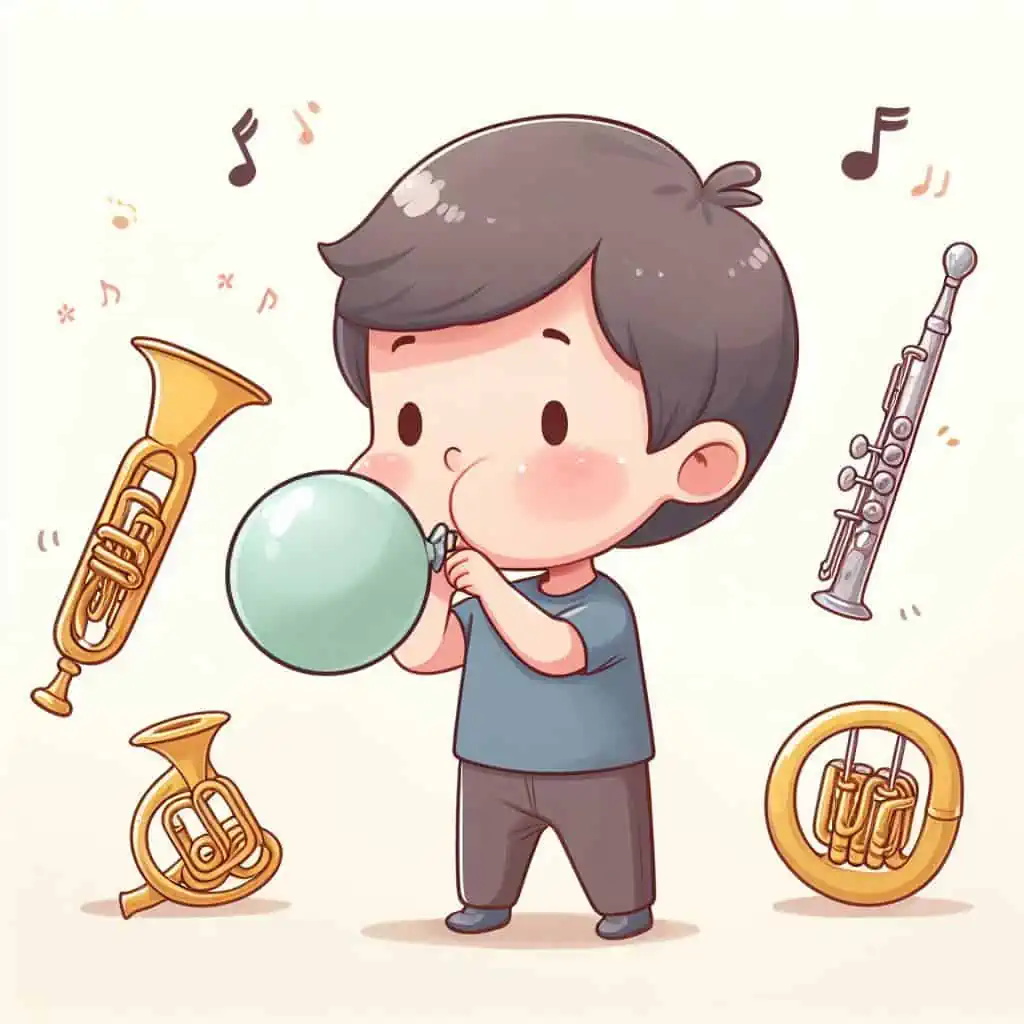 小朋友正吹著氣球，旁邊還有一些短笛和其他吹奏樂器，幫助他加強口腔肌肉發音。