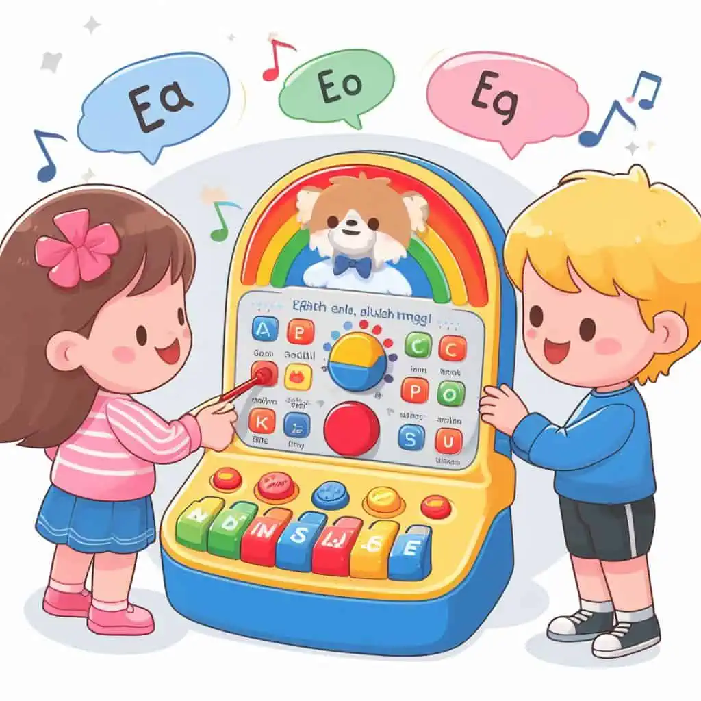 小朋友正與一個的英語教學玩具互動，筆形的玩具發出英文字母發音
