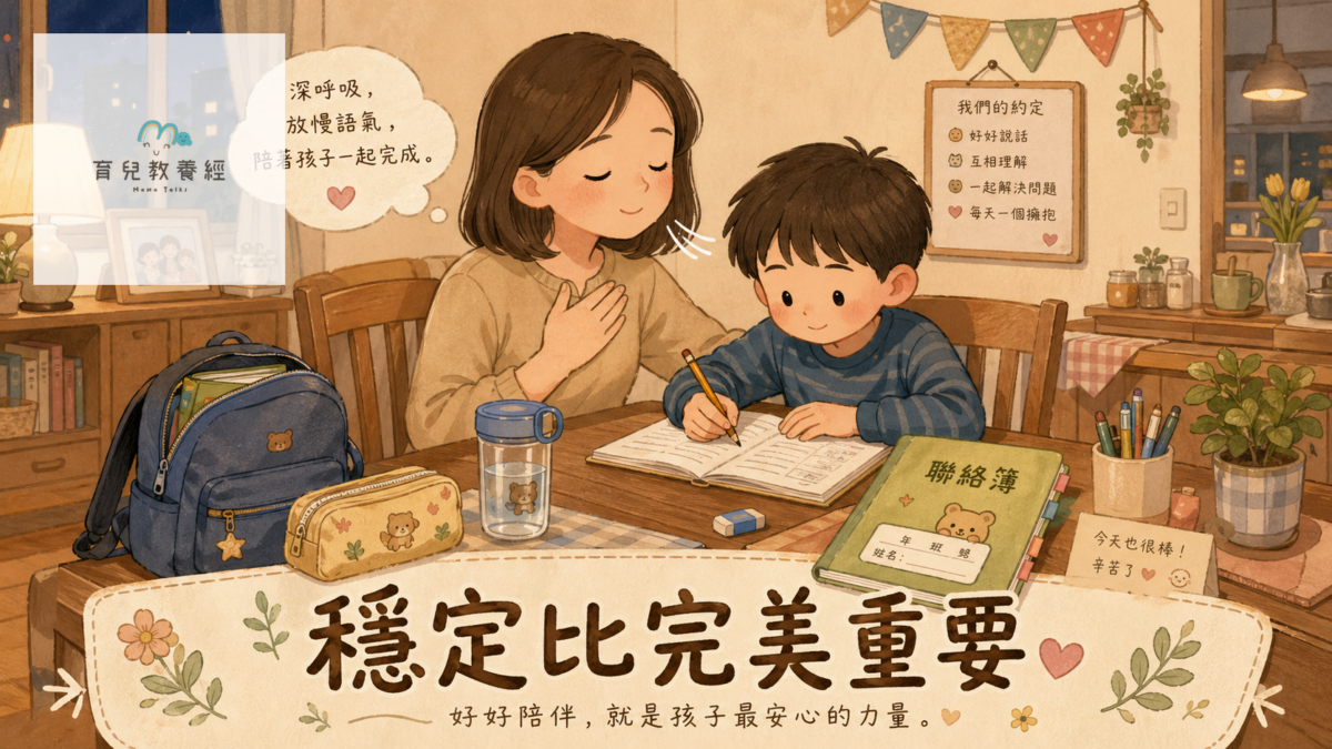 台灣家庭晚餐後在餐桌陪孩子寫功課，媽媽深呼吸放低音量，桌上有聯絡簿、鉛筆盒、水杯與書包，畫面溫暖柔和，封面文字為「穩定比完美重要」