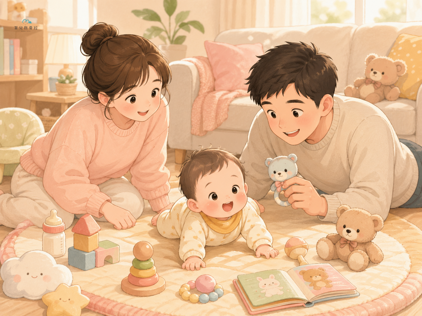 圍繞「Section 2:0-1 歲(嬰兒期)」主題的插圖,溫馨家庭場景,柔和色調
