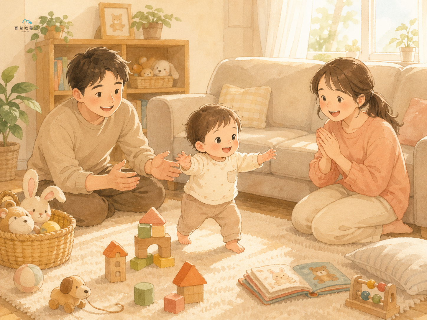 圍繞「Section 3:1-2 歲(幼兒期)」主題的插圖,溫馨家庭場景,柔和色調