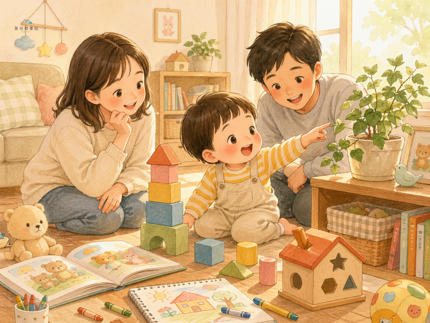 圍繞「Section 4:2-3 歲(探索期)」主題的插圖,溫馨家庭場景,柔和色調