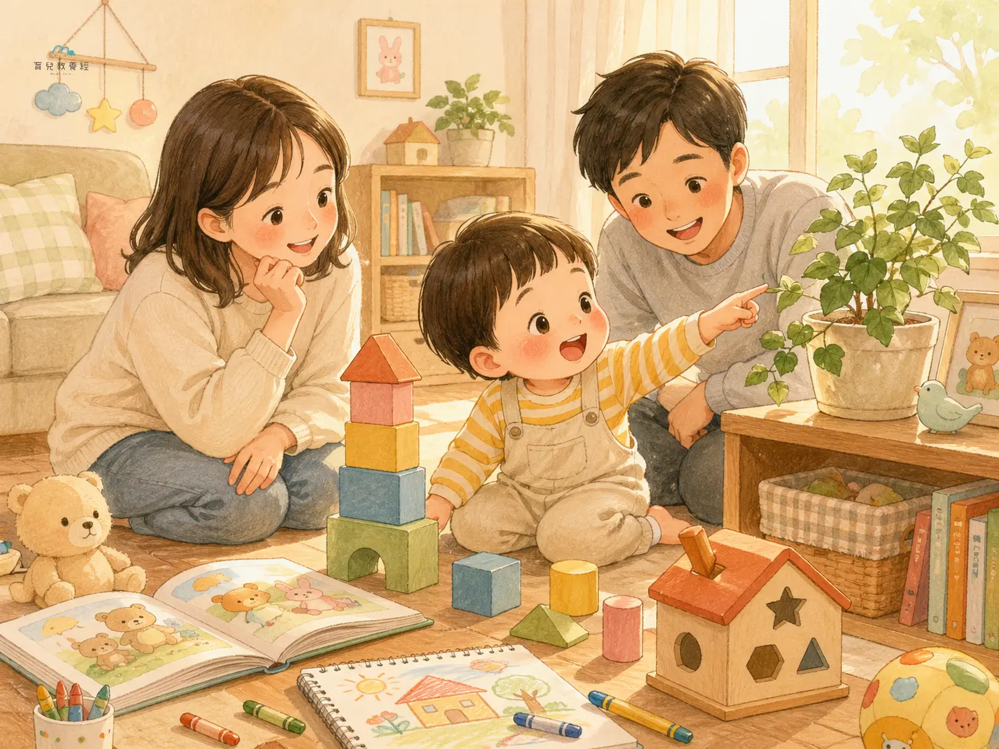 圍繞「Section 4:2-3 歲(探索期)」主題的插圖,溫馨家庭場景,柔和色調