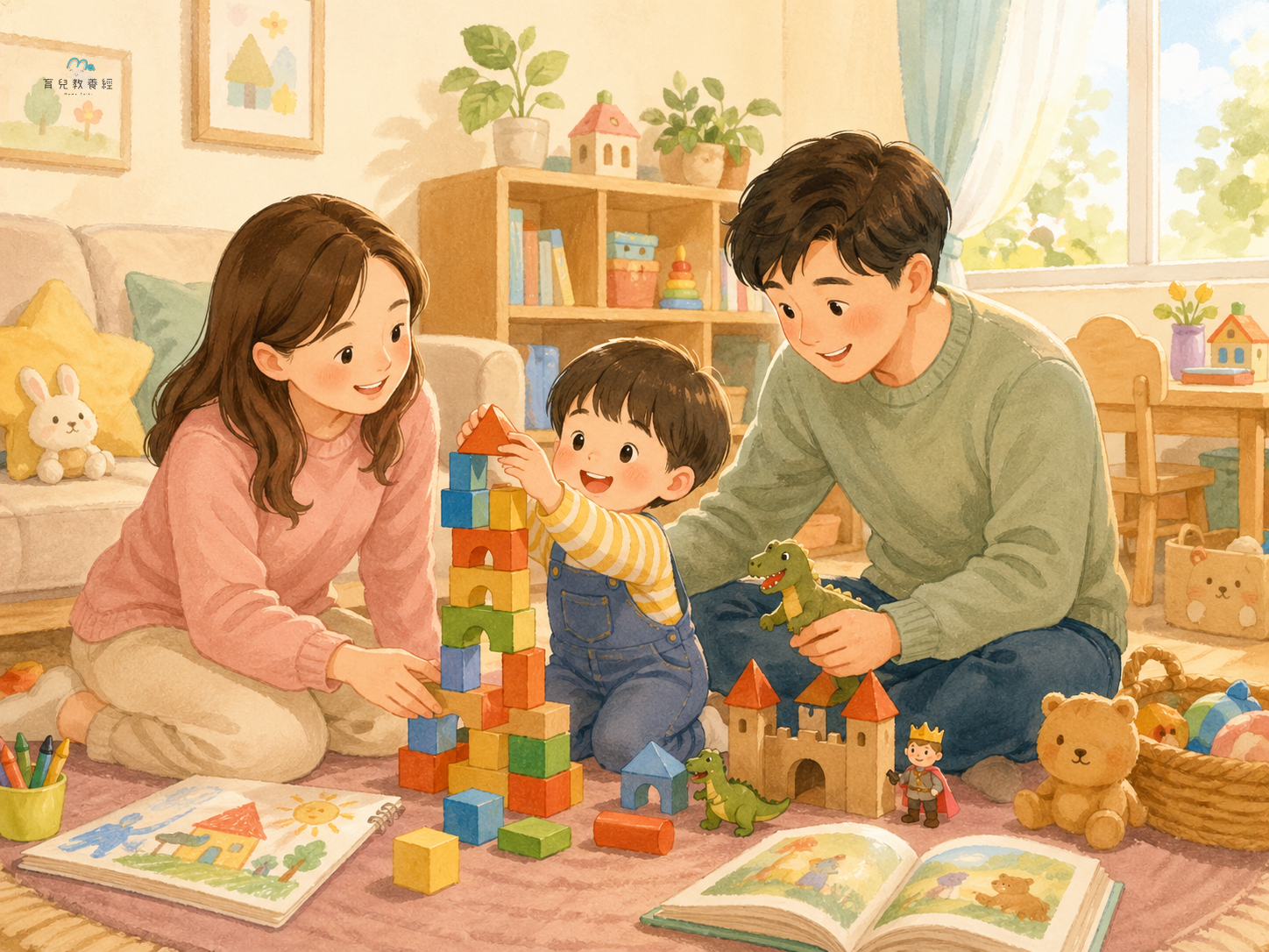 圍繞「Section 5:3-6 歲(學齡前)」主題的插圖,溫馨家庭場景,柔和色調