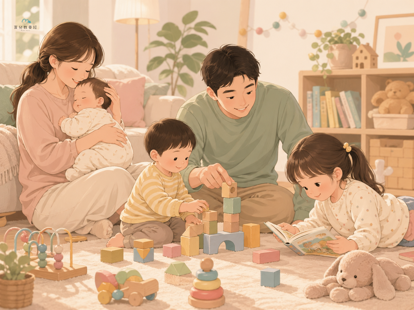 圍繞「Section 6:跨年齡教養原則」主題的插圖,溫馨家庭場景,柔和色調