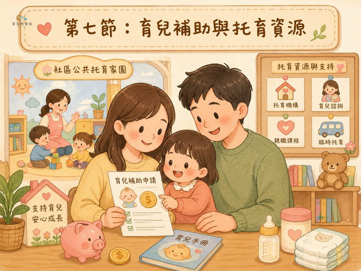 圍繞「Section 7:育兒補助與托育資源」主題的插圖,溫馨家庭場景,柔和色調