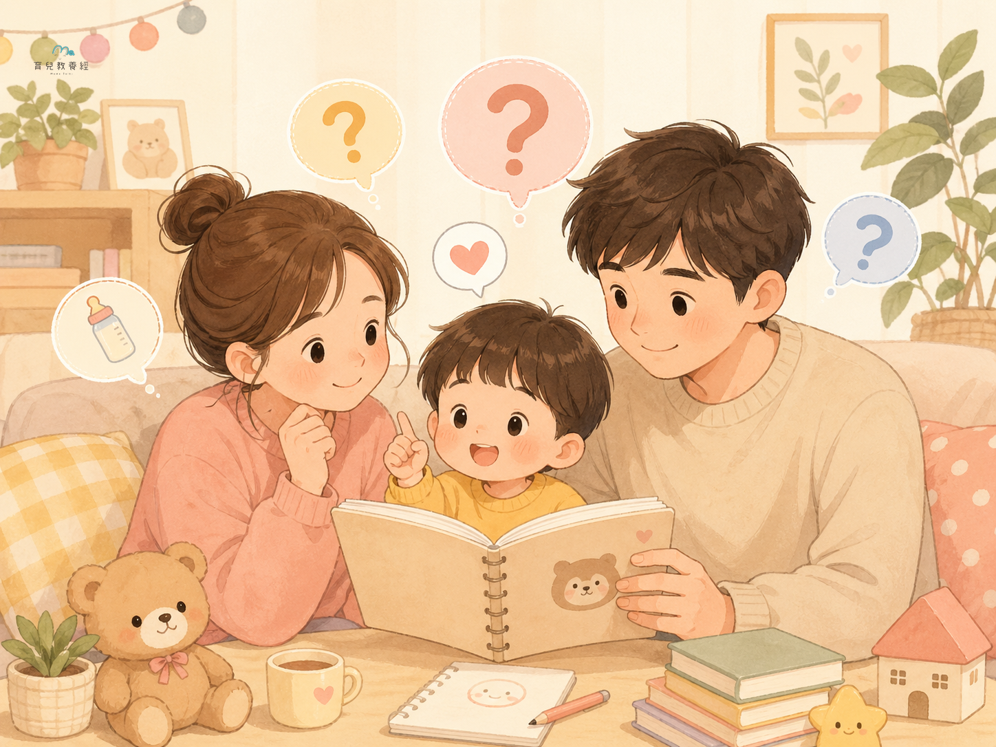 圍繞「Section 8:常見問題 FAQ」主題的插圖,溫馨家庭場景,柔和色調