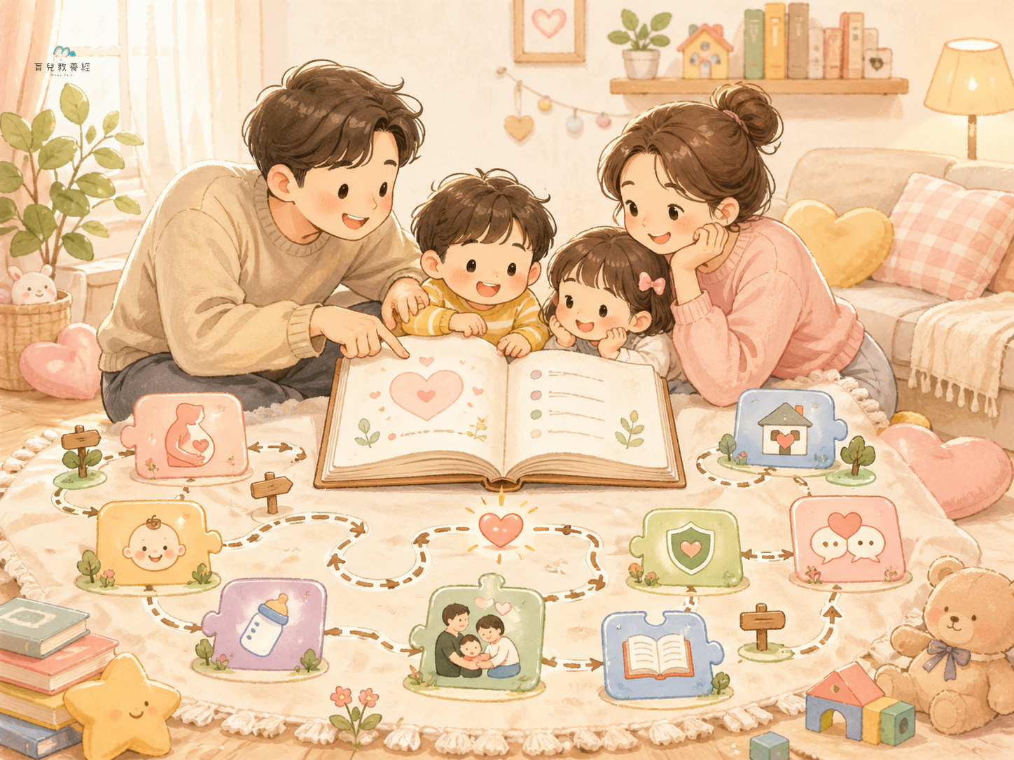 圍繞「結語 + Cluster 完整導航」主題的插圖,溫馨家庭場景,柔和色調