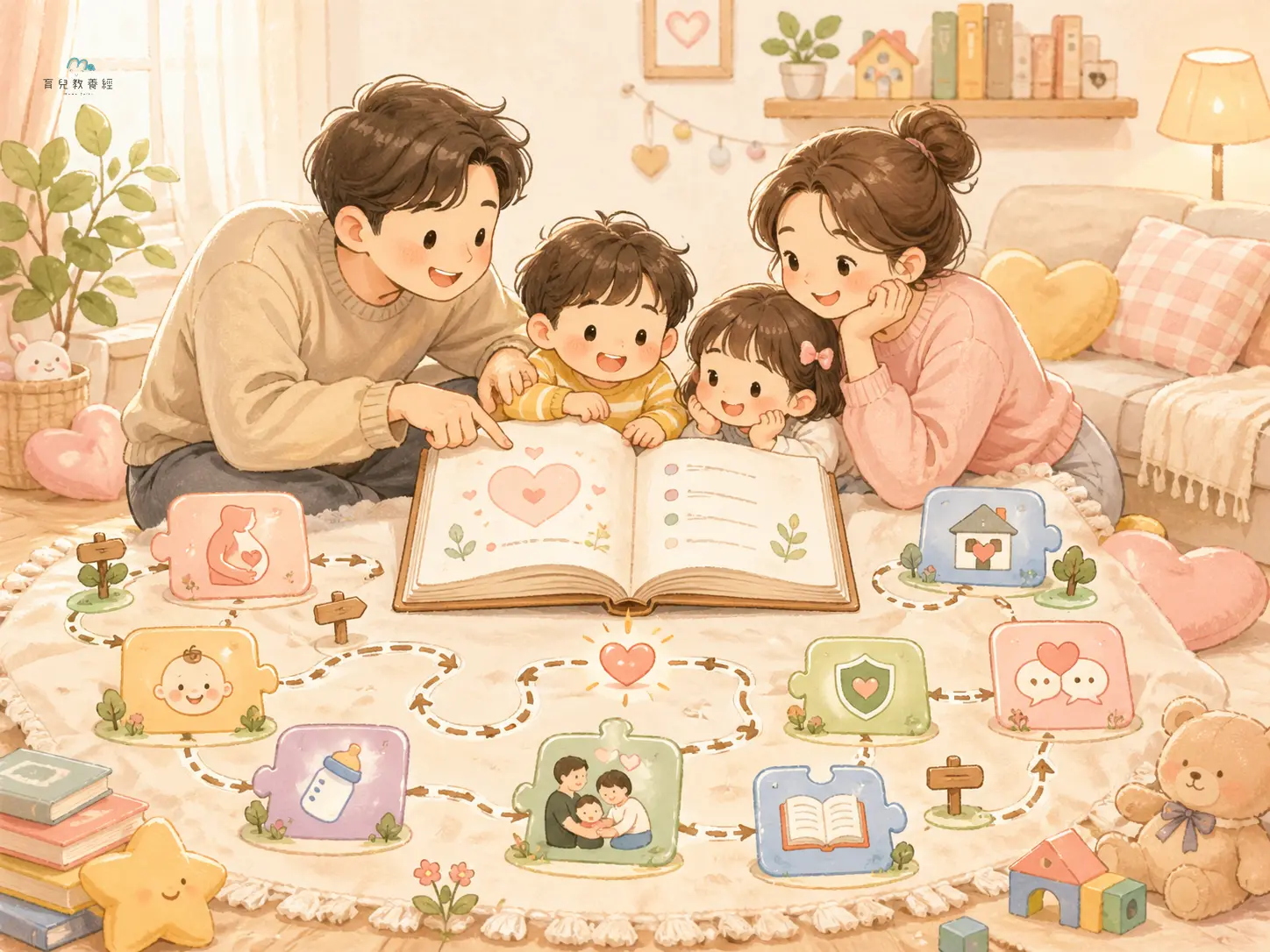 圍繞「結語 + Cluster 完整導航」主題的插圖,溫馨家庭場景,柔和色調