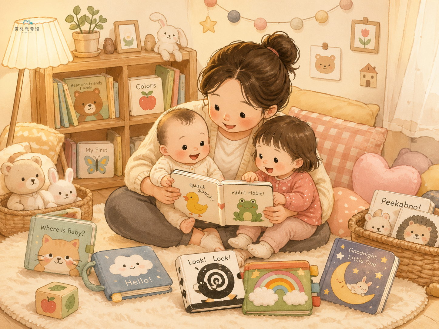 圍繞「Section 2:0-2 歲繪本推薦」主題的插圖,溫馨家庭場景,柔和色調