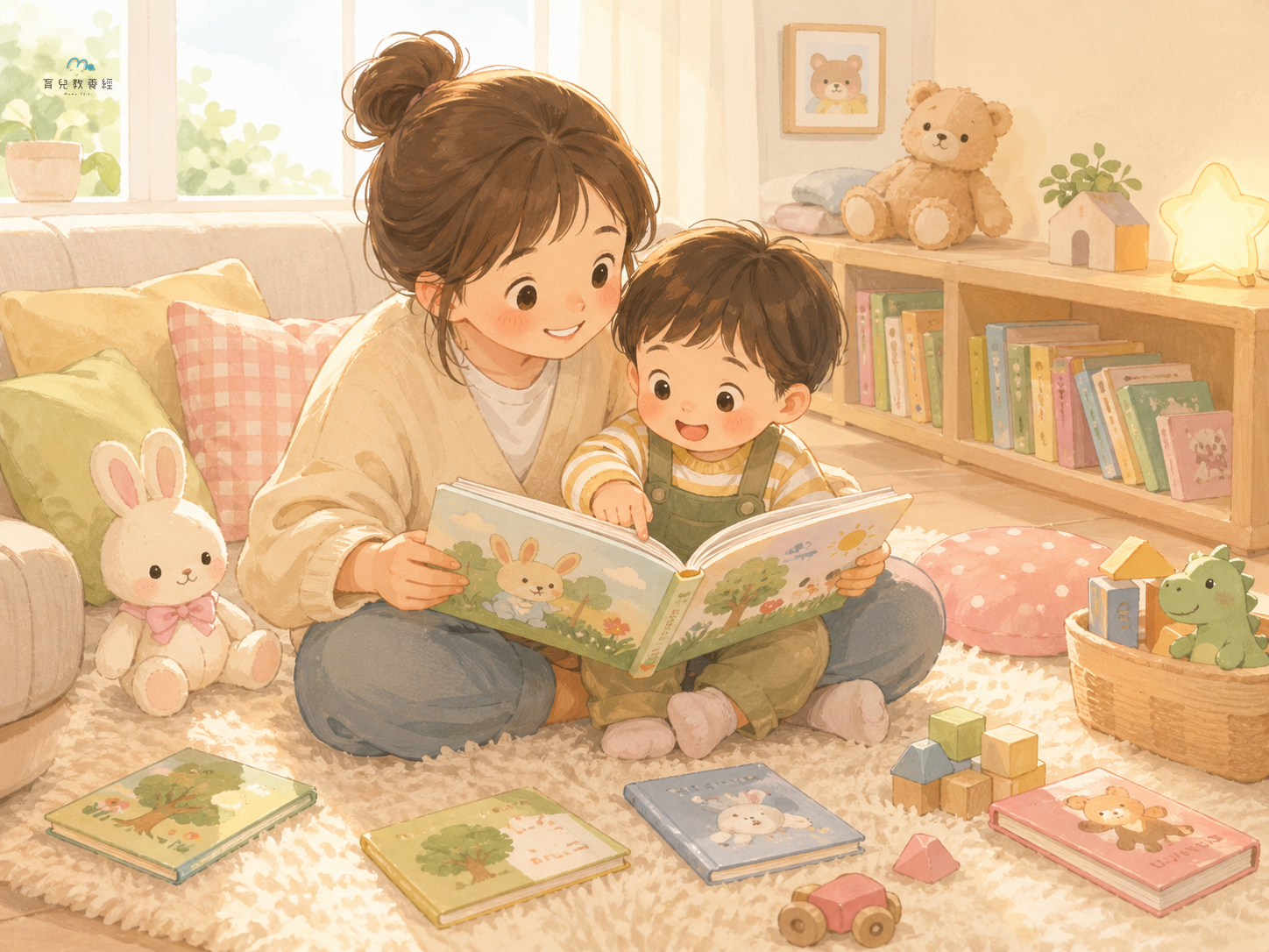 圍繞「Section 3:2-4 歲繪本推薦」主題的插圖,溫馨家庭場景,柔和色調