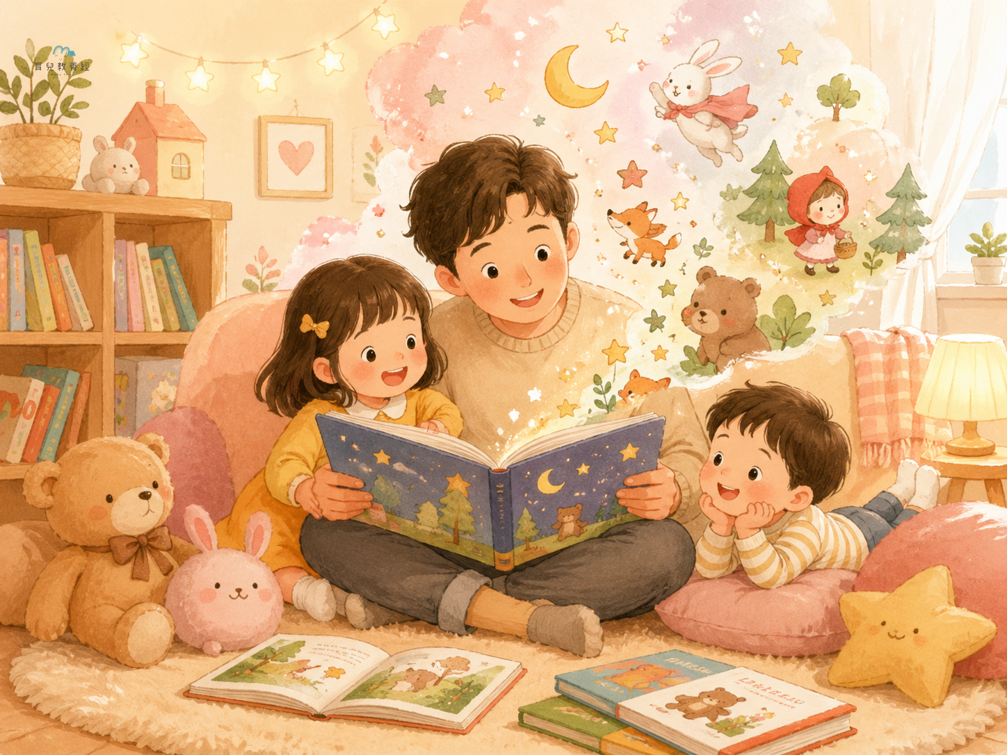 圍繞「Section 4:4-6 歲繪本推薦」主題的插圖,溫馨家庭場景,柔和色調