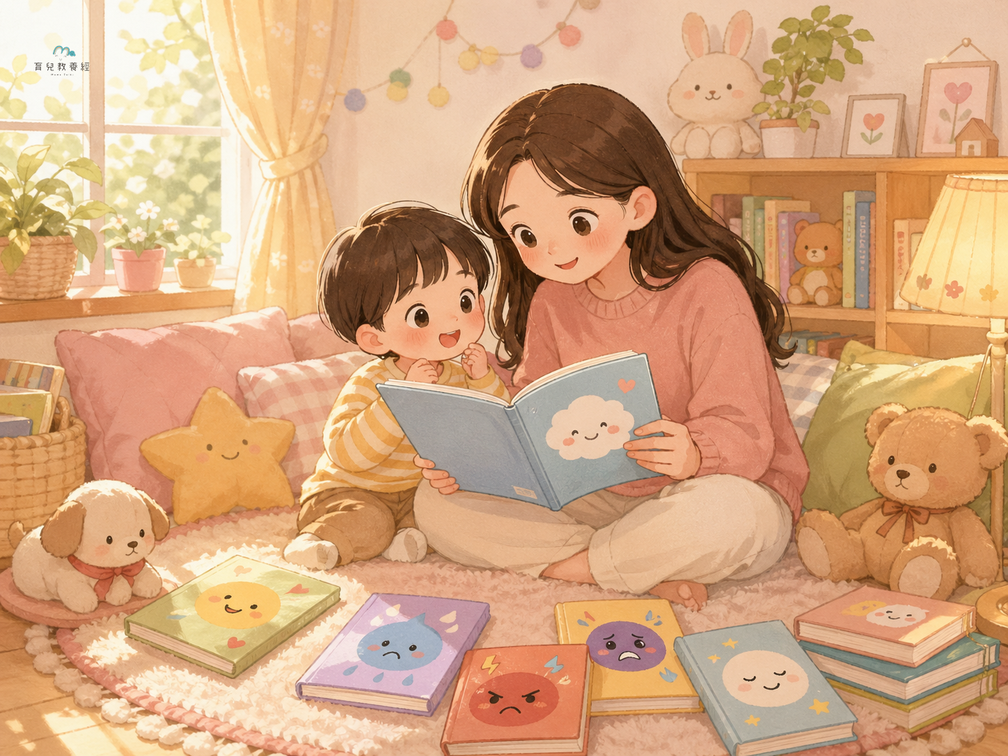 圍繞「Section 5:情緒繪本專區」主題的插圖,溫馨家庭場景,柔和色調