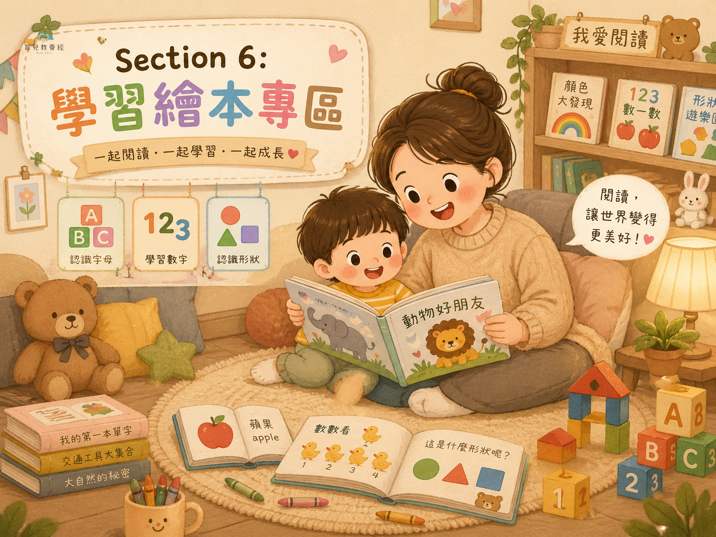 圍繞「Section 6:學習繪本專區」主題的插圖,溫馨家庭場景,柔和色調