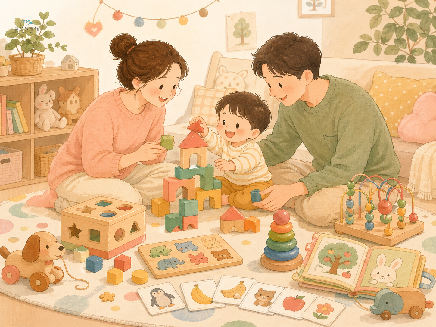 圍繞「Section 7:教具童玩」主題的插圖,溫馨家庭場景,柔和色調