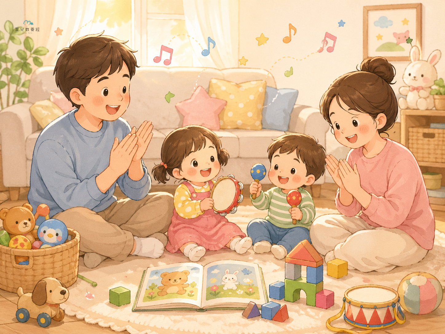 圍繞「Section 8:親子遊戲與兒歌」主題的插圖,溫馨家庭場景,柔和色調