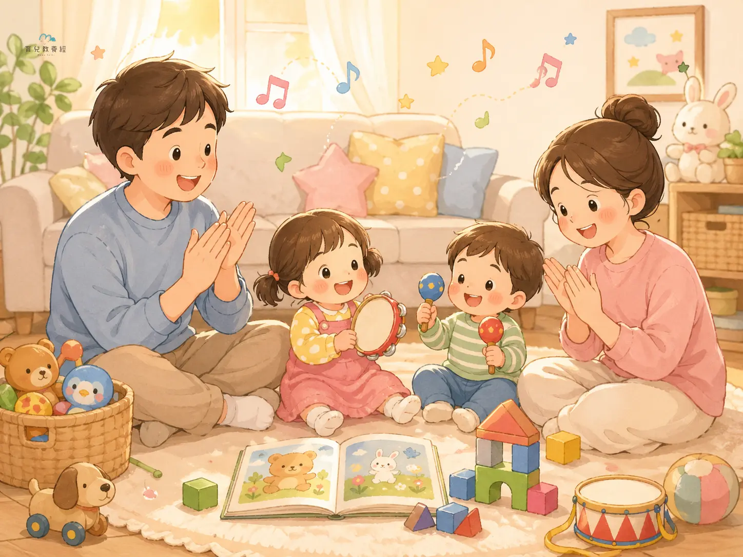 圍繞「Section 8:親子遊戲與兒歌」主題的插圖,溫馨家庭場景,柔和色調