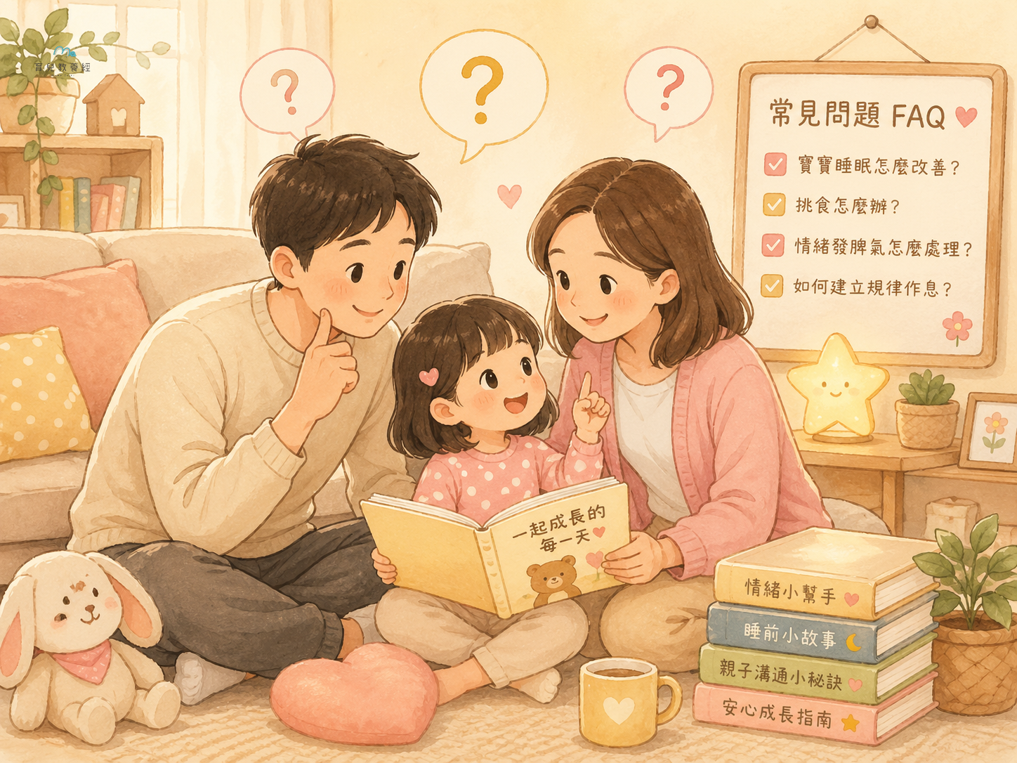 圍繞「Section 9:常見問題 FAQ」主題的插圖,溫馨家庭場景,柔和色調