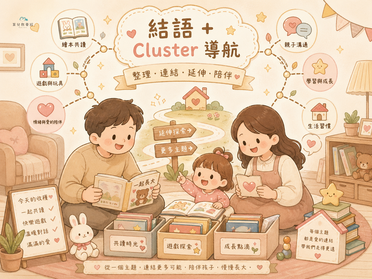 圍繞「結語 + Cluster 導航」主題的插圖,溫馨家庭場景,柔和色調