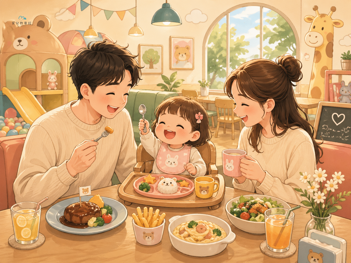圍繞「Section 2:親子餐廳」主題的插圖,溫馨家庭場景,柔和色調
