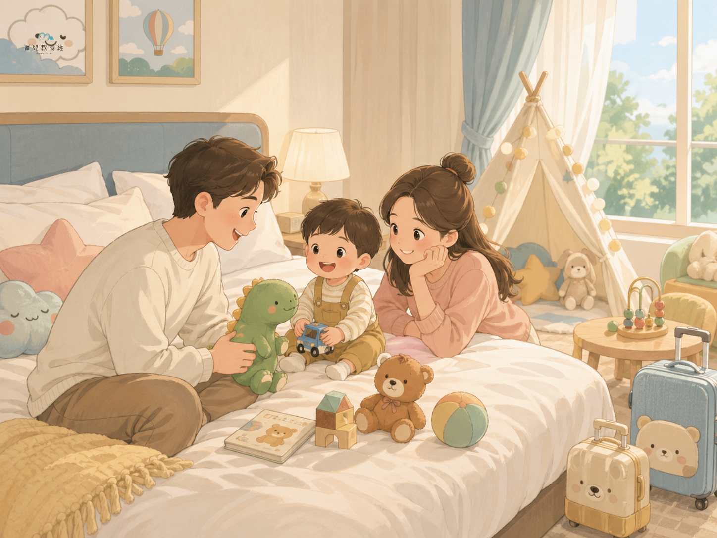 圍繞「Section 3:親子住宿」主題的插圖,溫馨家庭場景,柔和色調
