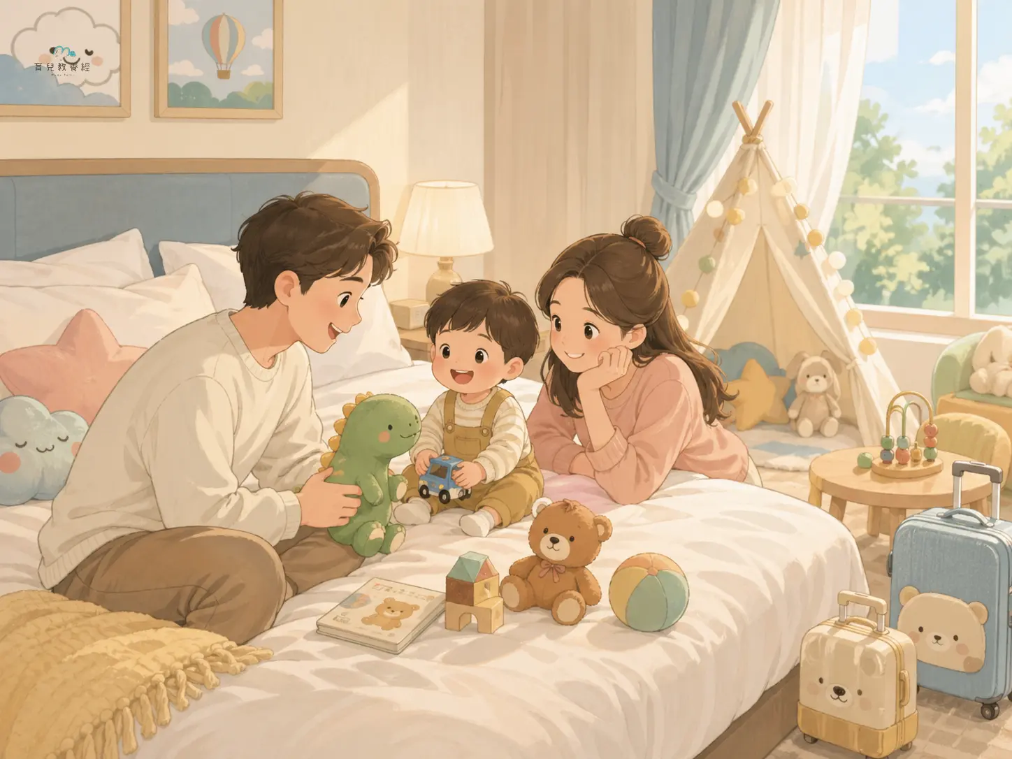 圍繞「Section 3:親子住宿」主題的插圖,溫馨家庭場景,柔和色調