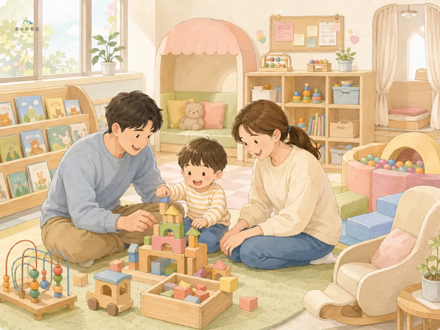 圍繞「Section 4:親子館與育兒資源中心(免費寶藏)」主題的插圖,溫馨家庭場景,柔和色調