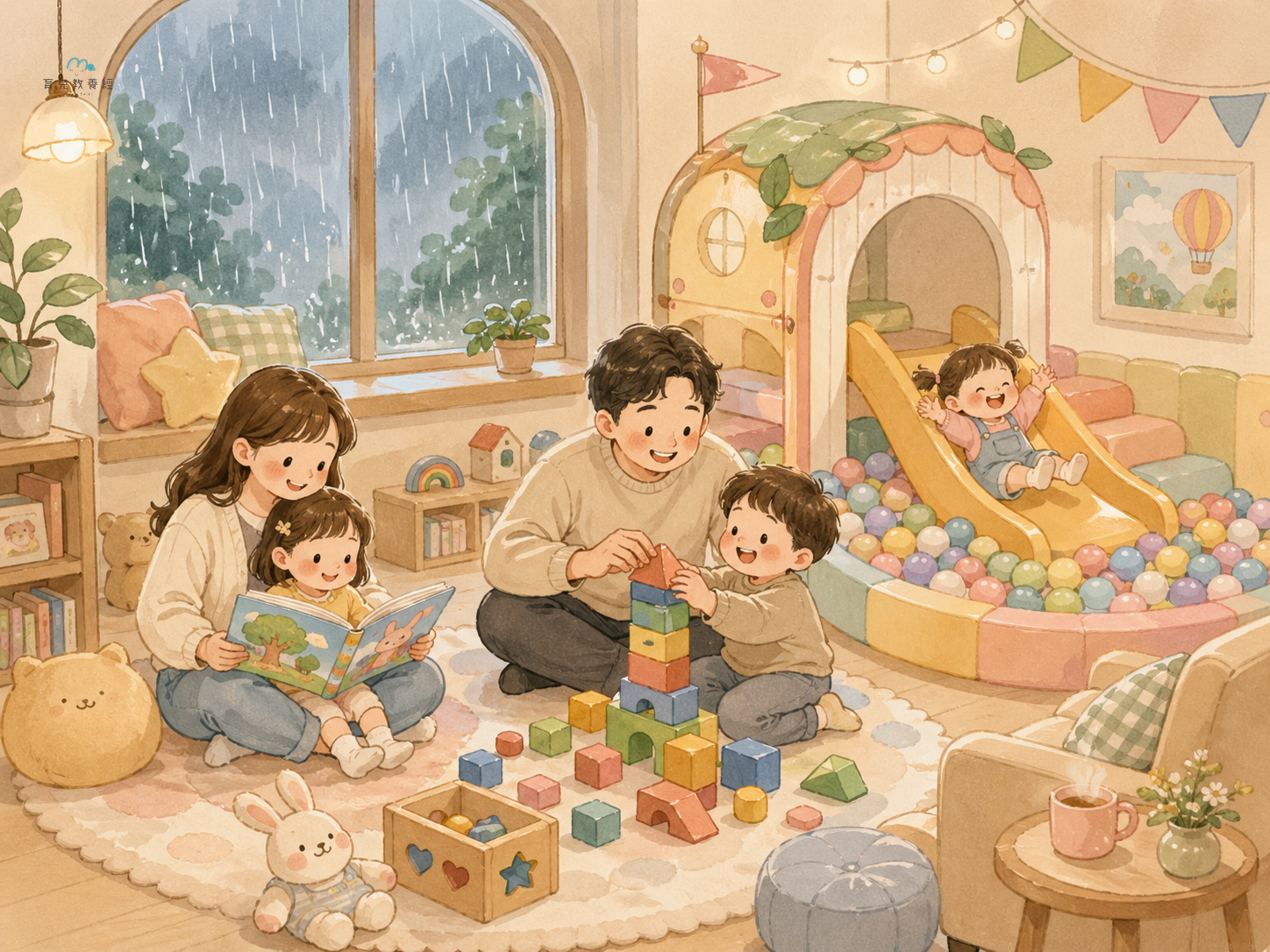圍繞「Section 5:雨天親子室內景點」主題的插圖,溫馨家庭場景,柔和色調