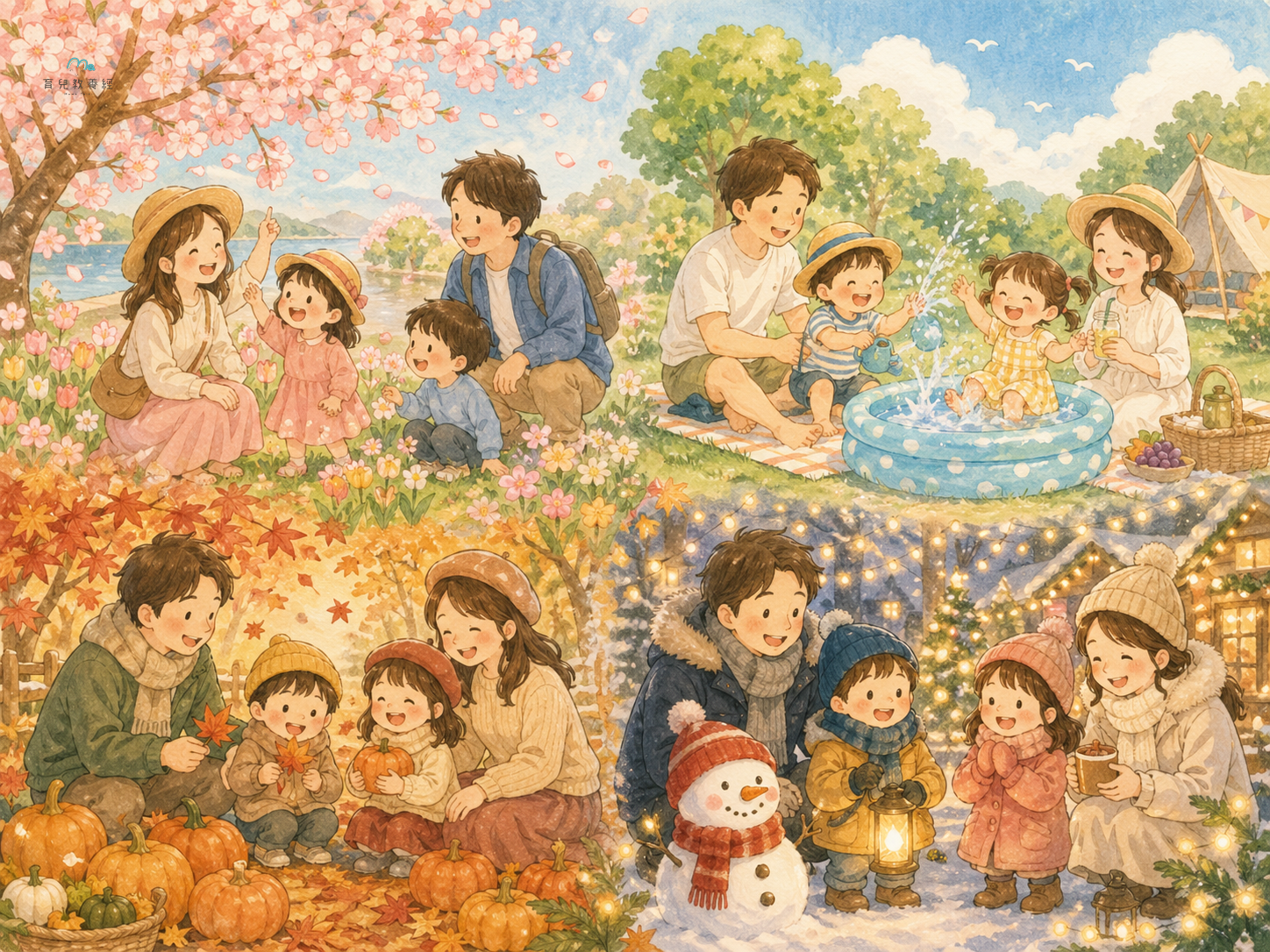 圍繞「Section 6:季節性親子景點」主題的插圖,溫馨家庭場景,柔和色調