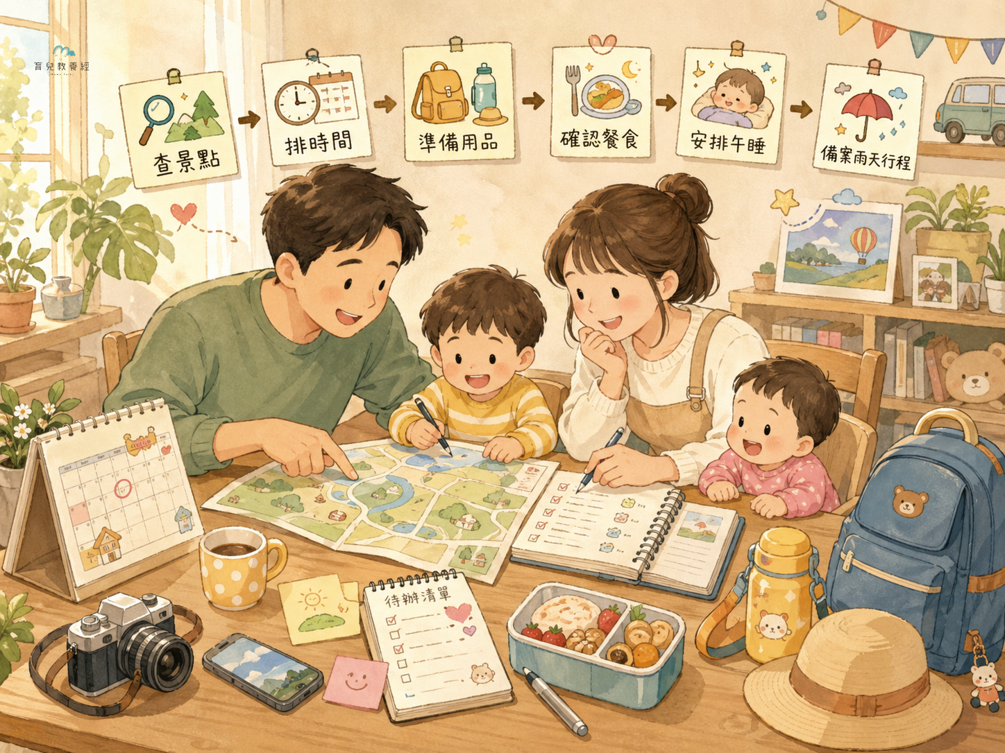 圍繞「Section 7:親子行程規劃 SOP」主題的插圖,溫馨家庭場景,柔和色調