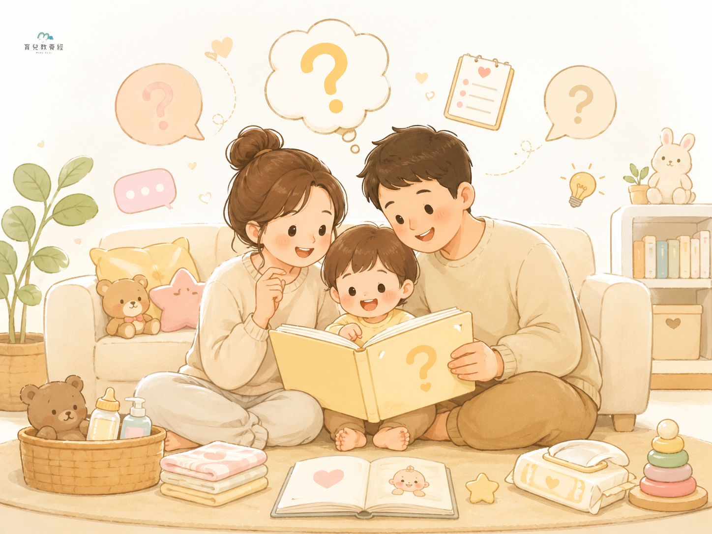 圍繞「Section 8:常見問題 FAQ」主題的插圖,溫馨家庭場景,柔和色調