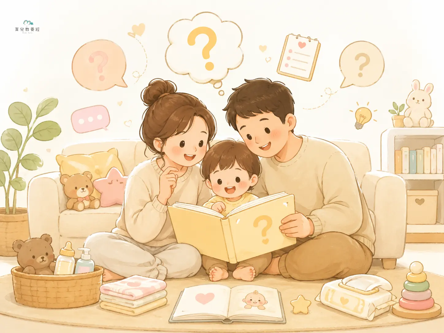 圍繞「Section 8:常見問題 FAQ」主題的插圖,溫馨家庭場景,柔和色調