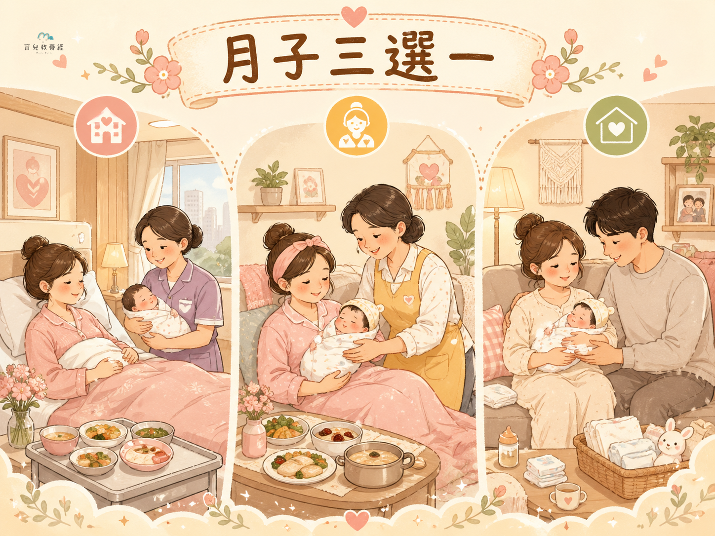 圍繞「Section 2:月子三選一(月子中心 vs 月嫂 vs 在家)」主題的插圖,溫馨家庭場景,柔和色調