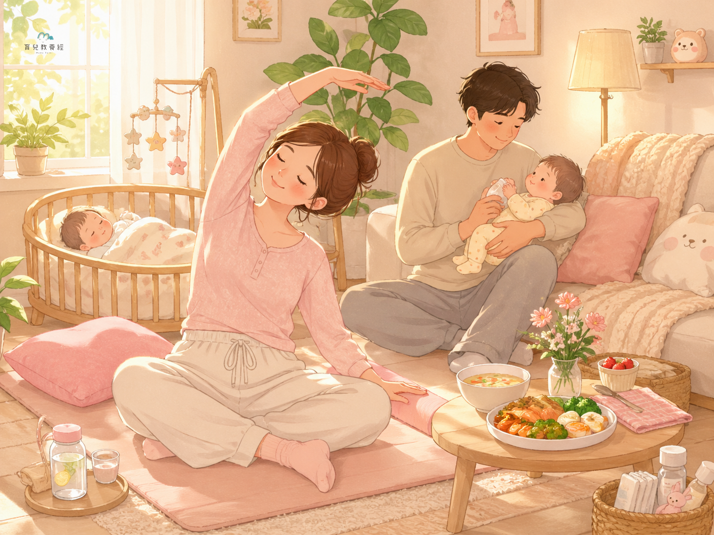 圍繞「Section 4:產後身體恢復」主題的插圖,溫馨家庭場景,柔和色調