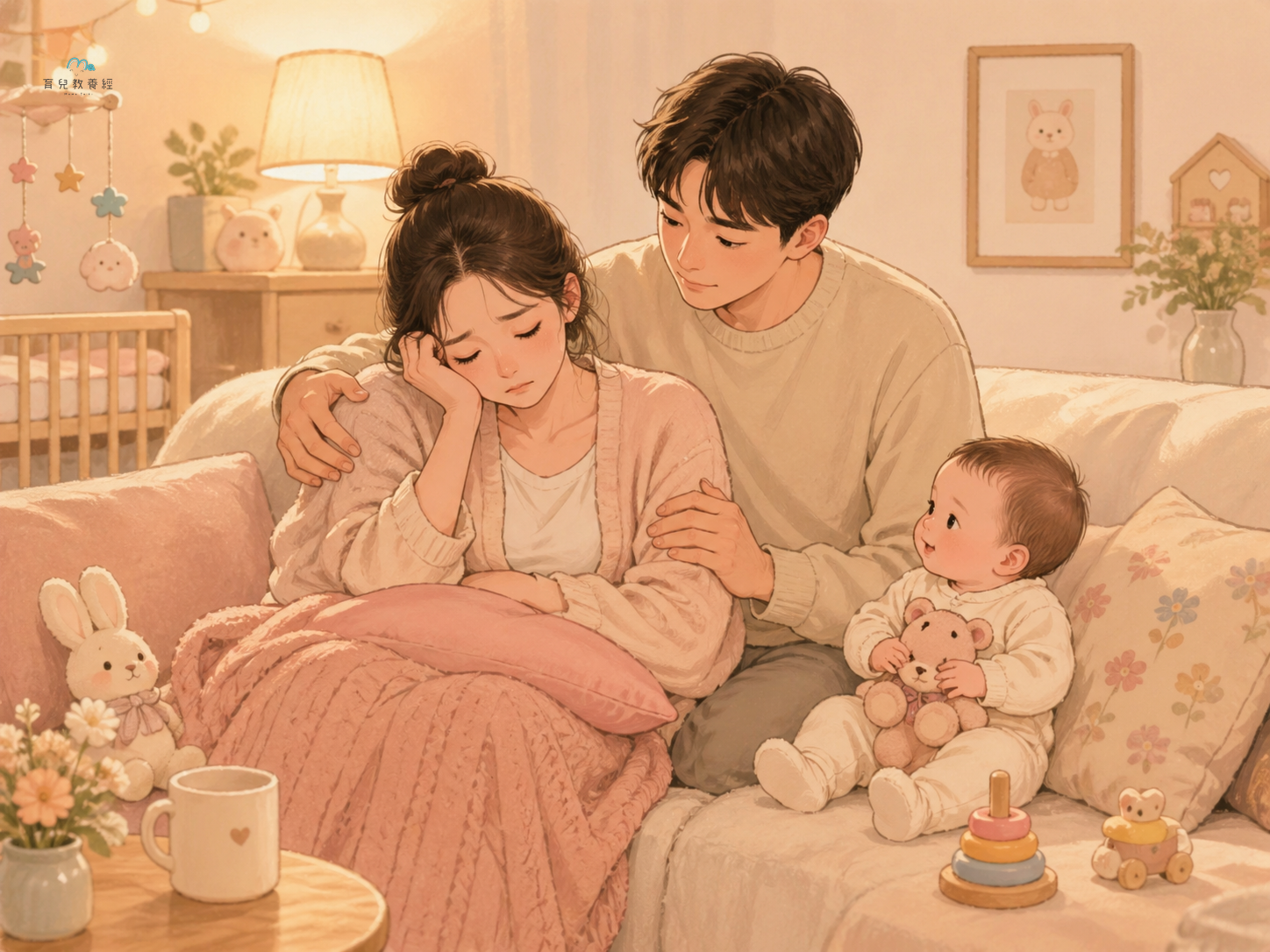 圍繞「Section 5:產後憂鬱(Postpartum Depression)」主題的插圖,溫馨家庭場景,柔和色調