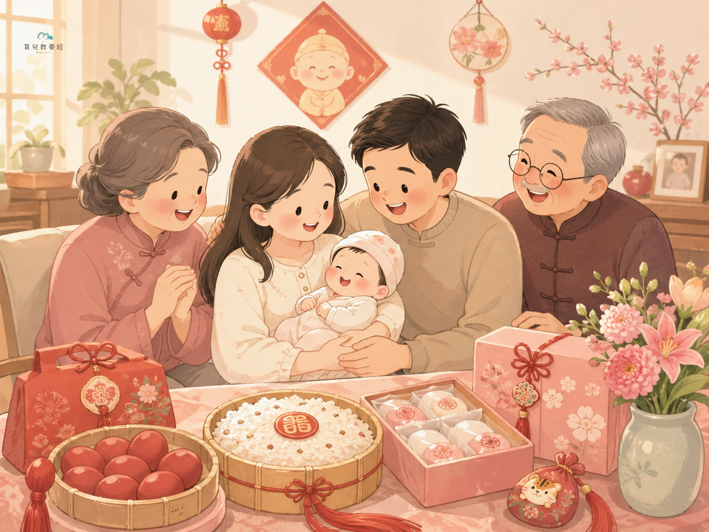 圍繞「Section 7:彌月禮俗」主題的插圖,溫馨家庭場景,柔和色調