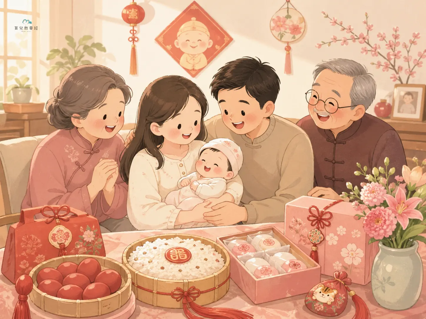 圍繞「Section 7:彌月禮俗」主題的插圖,溫馨家庭場景,柔和色調