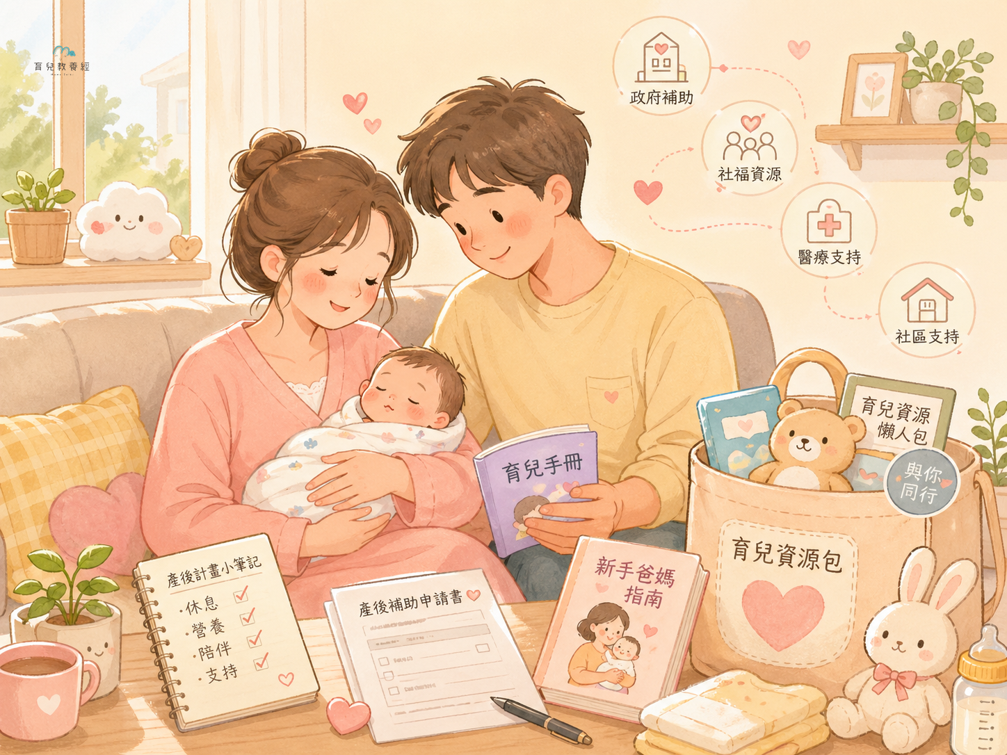 圍繞「Section 8:產後補助與資源」主題的插圖,溫馨家庭場景,柔和色調