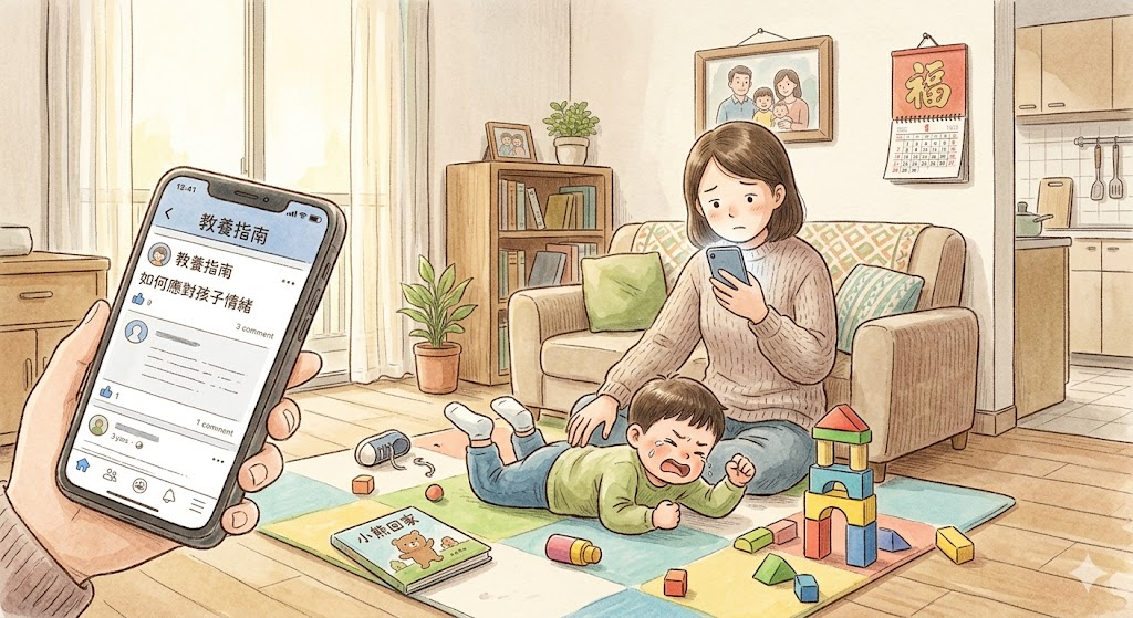 parent scrolling parenting advice on phone while child throws tantrum in living