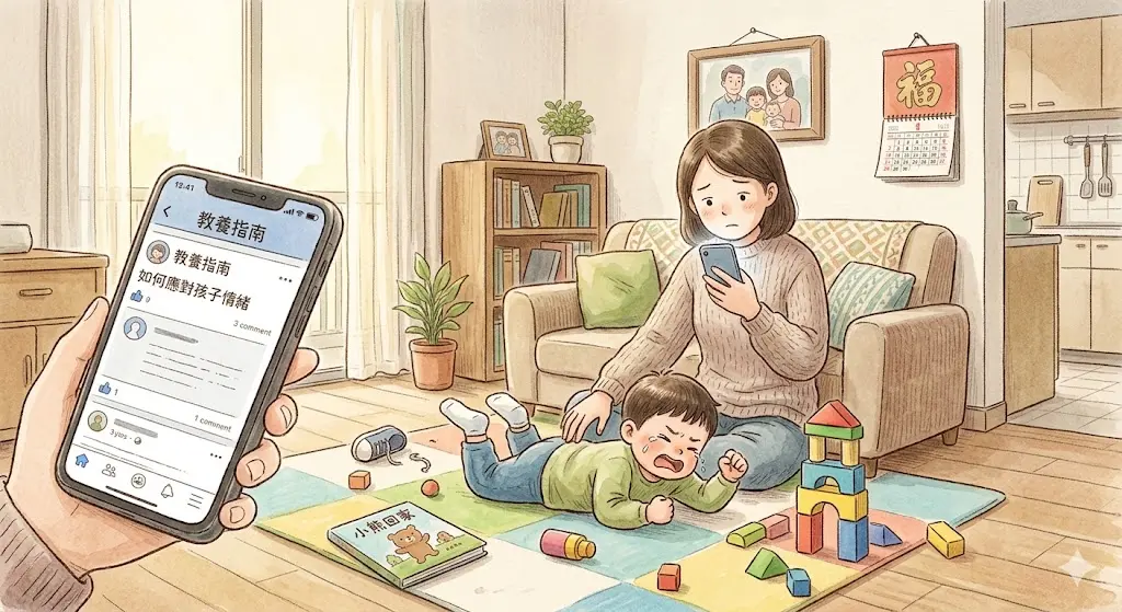 parent scrolling parenting advice on phone while child throws tantrum in living