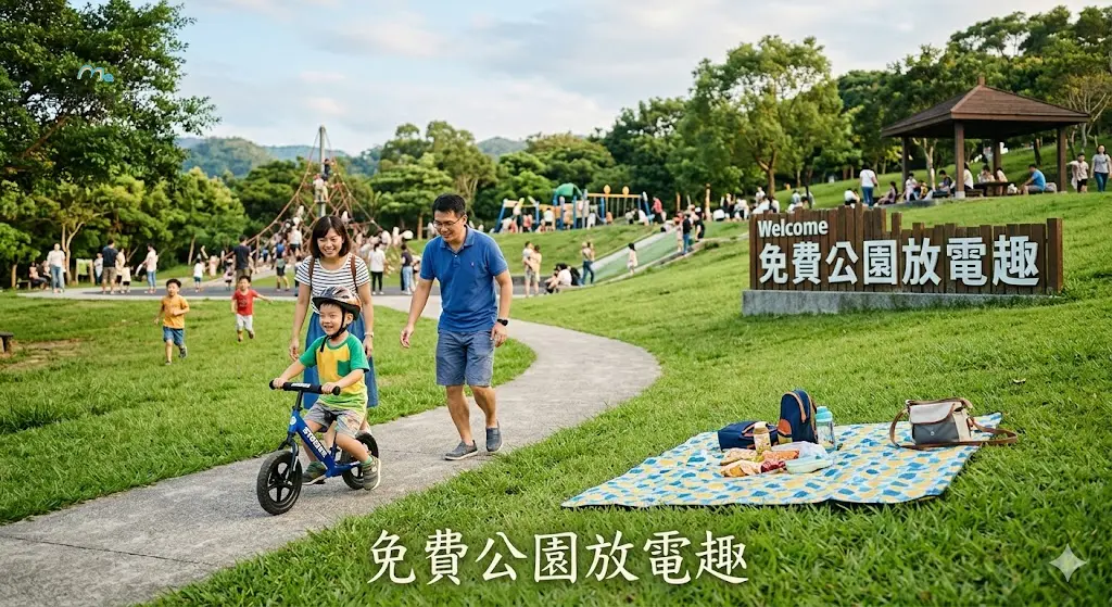 台灣爸媽週末帶孩子到大型親子公園放電,孩子騎滑步車、野餐墊鋪在草地上,背景有繁體中文「免費公園放電趣」招牌,溫暖自然色調