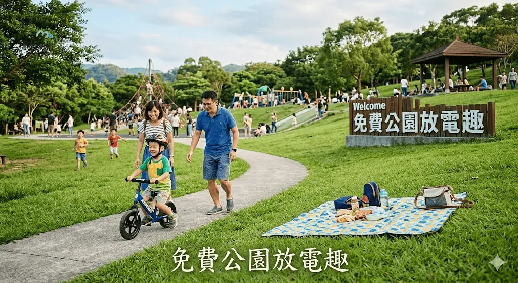台灣爸媽週末帶孩子到大型親子公園放電,孩子騎滑步車、野餐墊鋪在草地上,背景有繁體中文「免費公園放電趣」招牌,溫暖自然色調