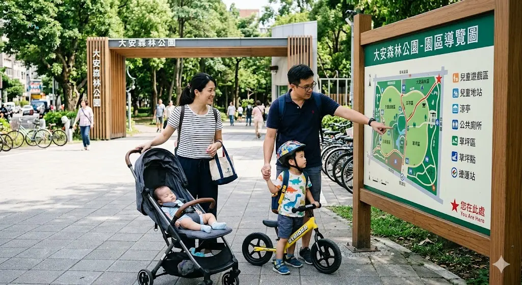 台灣家庭在公園入口查看園區地圖,媽媽推著嬰兒車,爸爸牽著幼兒,孩子手上拿著滑步車,背景有繁體中文公園導覽牌