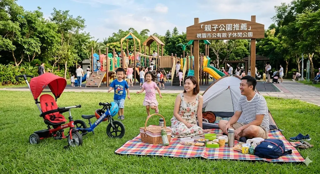 台灣家庭在公園草地上鋪野餐墊,旁邊停著兒童滑步車與推車,孩子在遊戲場奔跑,背景有繁體中文「親子公園推薦」字樣
