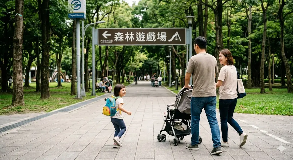 台北親子家庭搭捷運後走進大型公園,孩子背著小水壺,爸媽推著推車,遠方有繁體中文「森林遊戲場」指標