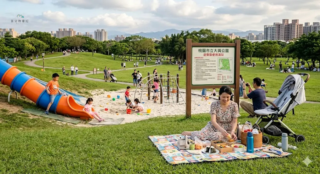 台灣家庭在桃園大型公園草地野餐,孩子玩長溜滑梯與沙坑,旁邊有推車和水壺,背景有繁體中文公園告示牌