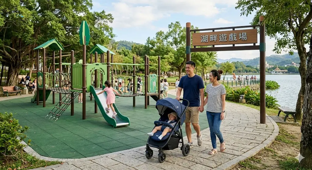 台灣家庭在嘉義湖畔公園散步,孩子在綠色主題遊戲場玩耍,爸媽推著嬰兒車,背景有繁體中文「湖畔遊戲場」標示