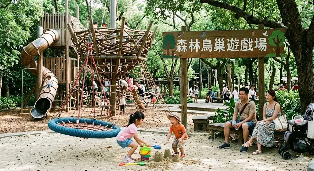 高雄親子家庭在森林系公園玩鳥巢遊戲場,孩子玩沙與溜滑梯,爸媽在樹下休息,背景有繁體中文「森林鳥巢遊戲場」標示