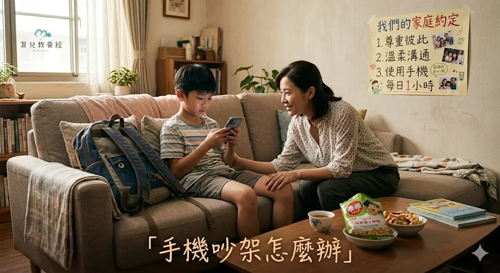 台灣家庭客廳情境，孩子坐在沙發上滑手機，媽媽蹲下來溫柔溝通，桌上有書包與點心，牆上有繁體中文家庭約定小海報，柔和溫暖色調